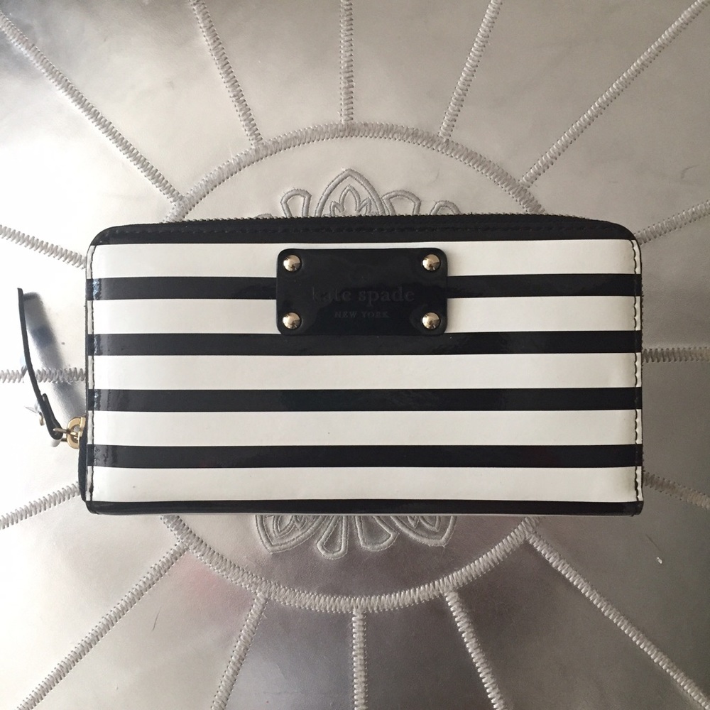 Kate Spade Zip Around Wallet Clutch Stripes Black